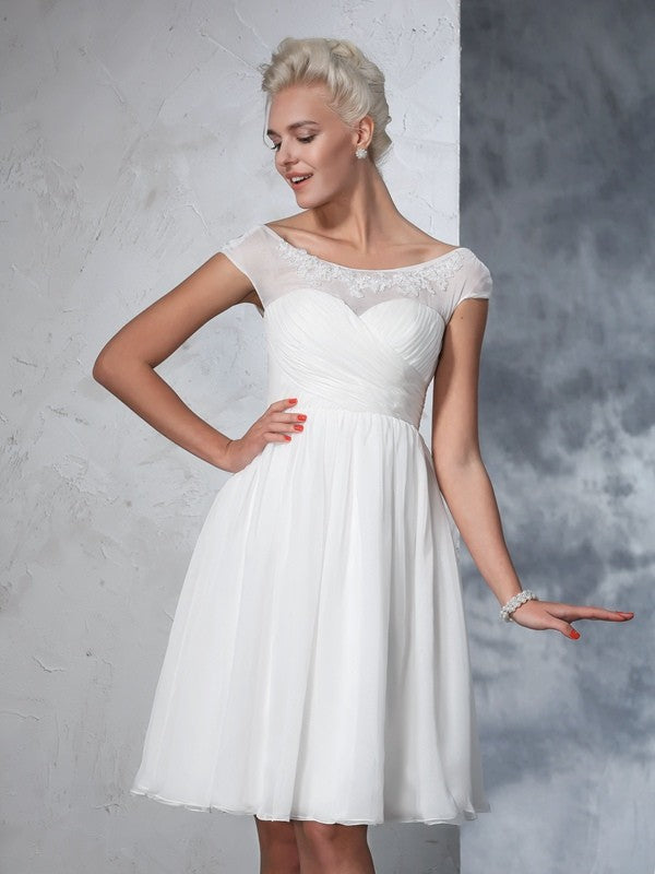 A-Line/Princess Sheer Neck Ruched Short Sleeves Short Chiffon Wedding Dresses CICIP0006652