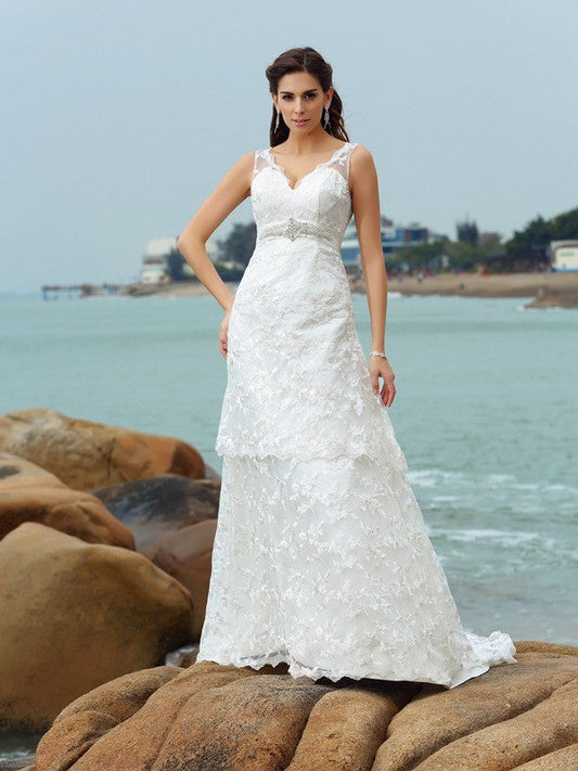 A-Line/Princess Straps Applique Sleeveless Long Satin Beach Wedding Dresses CICIP0006835