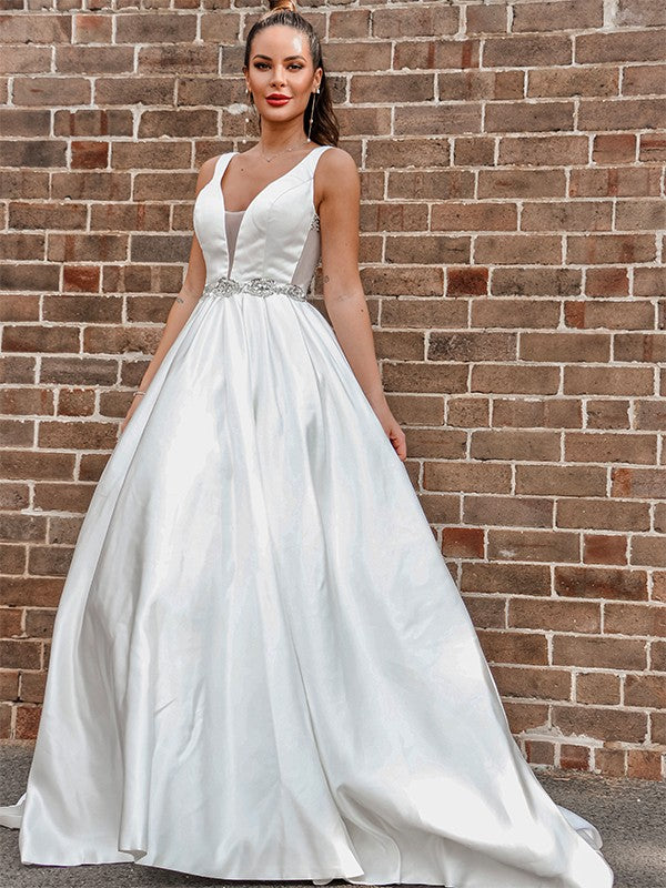 A-Line/Princess Satin V-neck Beading Sleeveless Court Train Wedding Dresses CICIP0006109