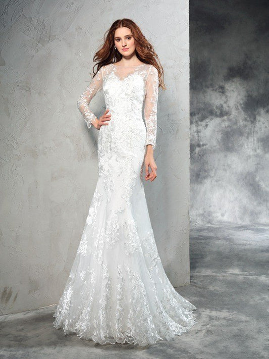 Sheath/Column Sheer Neck Lace Long Sleeves Long Net Wedding Dresses CICIP0006518