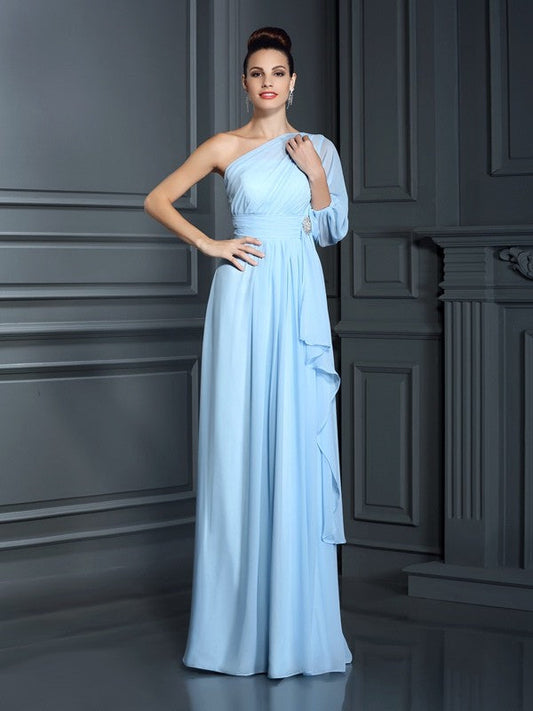 Sheath/Column One-Shoulder 3/4 Sleeves Long Chiffon Bridesmaid Dresses CICIP0005047