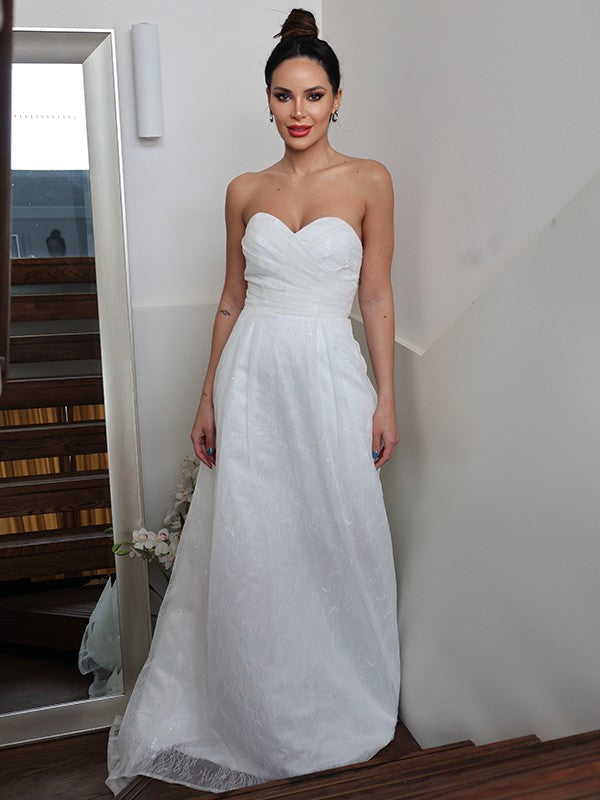 A-Line/Princess Ruched Sweetheart Sleeveless Sweep/Brush Train Wedding Dresses CICIP0006455