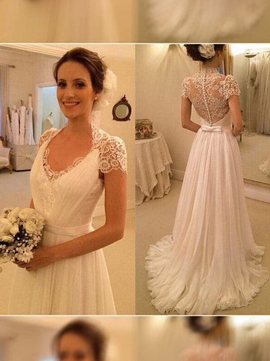 A-Line/Princess V-neck Sweep/Brush Train Sleeveless Lace Chiffon Wedding Dresses CICIP0006345