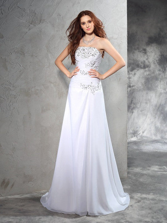 Sheath/Column Strapless Beading Sleeveless Long Chiffon Wedding Dresses CICIP0006876