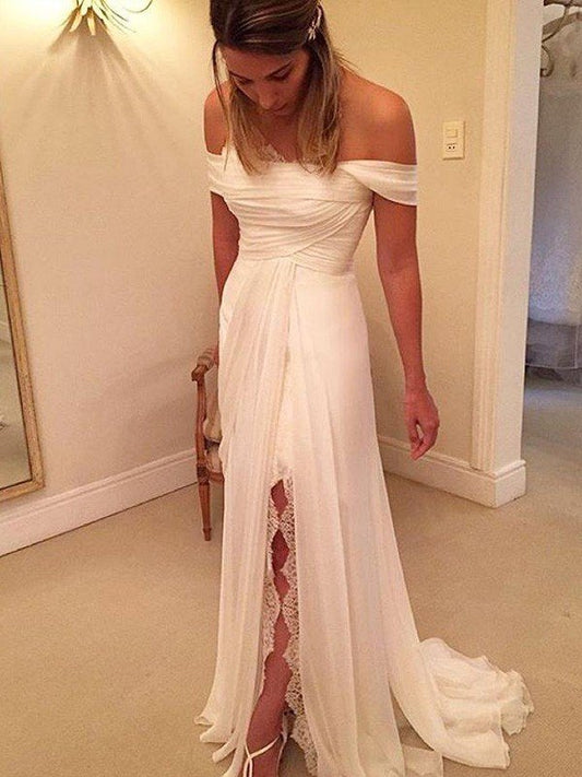 A-Line/Princess Sweep/Brush Train Off-the-Shoulder Sleeveless Ruffles Chiffon Wedding Dresses CICIP0006137