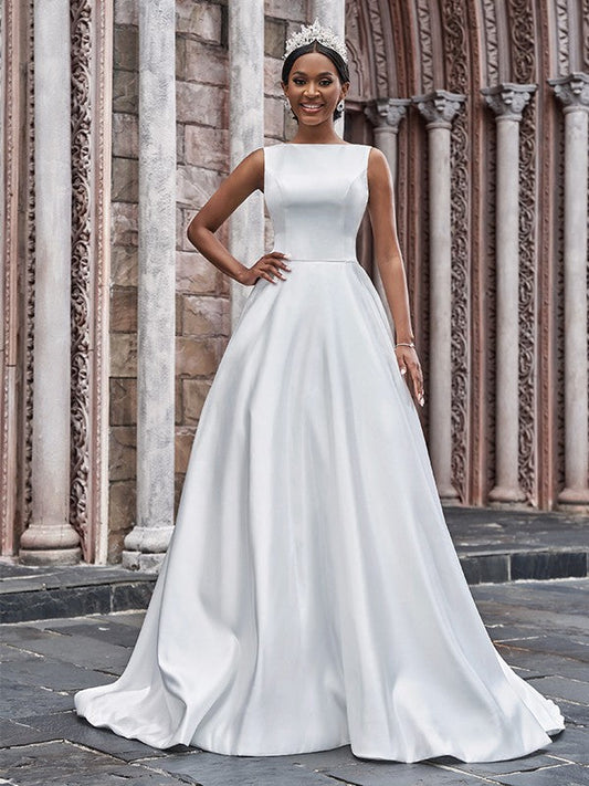 A-Line/Princess Satin Bateau Ruffles Sleeveless Sweep/Brush Train Wedding Dresses CICIP0006673