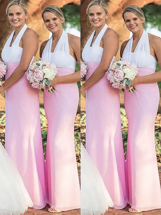 Sheath/Column Halter Chiffon Sleeveless Floor-Length Bridesmaid Dresses CICIP0005606