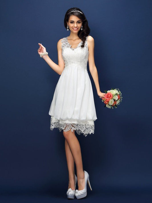 A-Line/Princess V-neck Lace Sleeveless Short Bridesmaid Dresses CICIP0005236