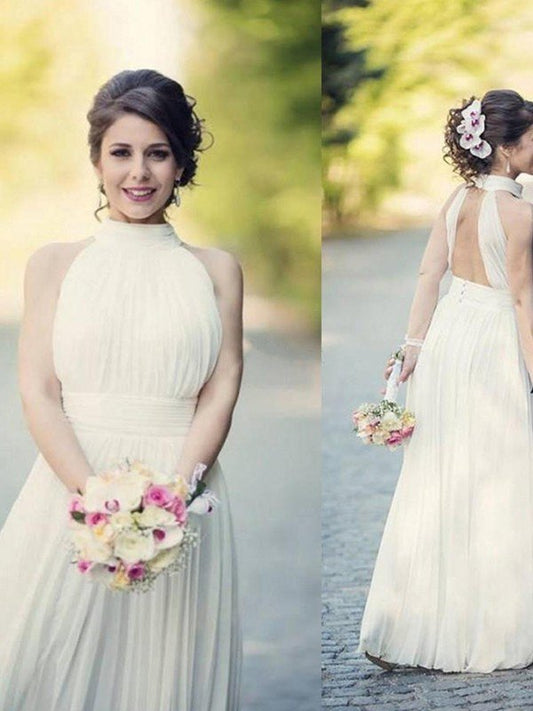 A-Line/Princess Halter Sleeveless Ruffles Tulle Floor-Length Wedding Dresses CICIP0006817