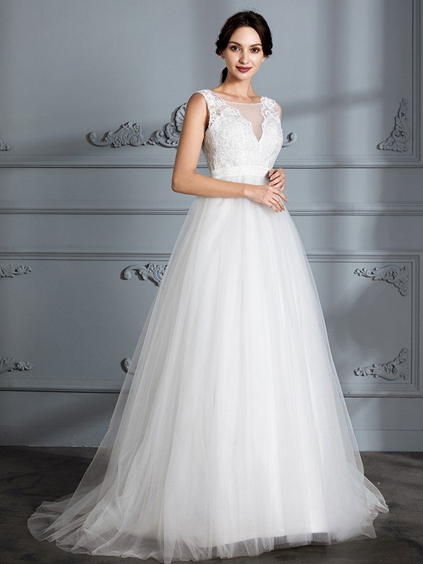 A-Line/Princess Sleeveless V-neck Sweep/Brush Train Tulle Wedding Dresses CICIP0006437