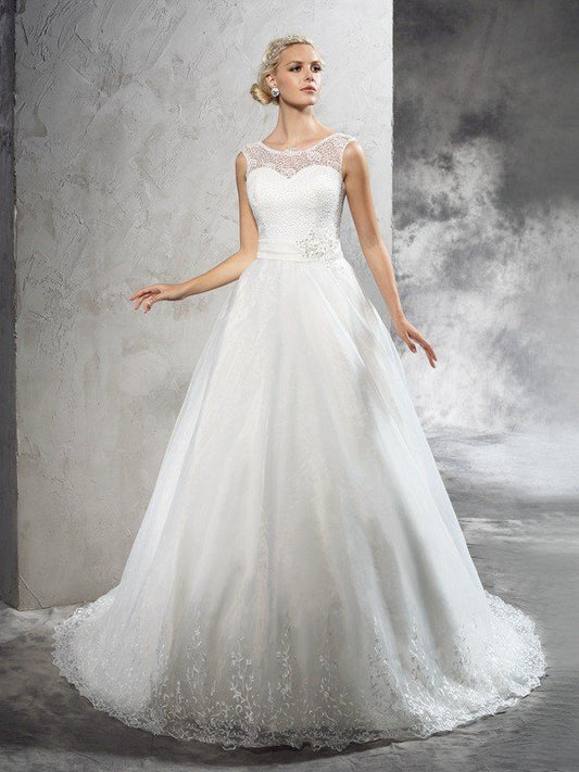 Ball Gown Sheer Neck Sash/Ribbon/Belt Sleeveless Long Net Wedding Dresses CICIP0006639