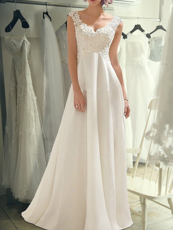 Empire Sleeveless Floor-Length V-neck Lace Chiffon Wedding Dresses CICIP0006438