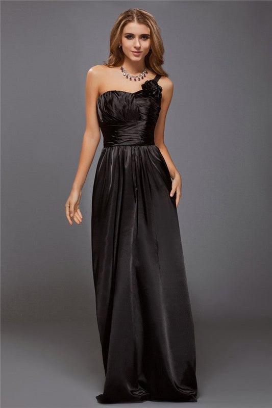 Sheath/Column One-Shoulder Sleeveless Ruffles Long Satin Bridesmaid Dresses CICIP0005611