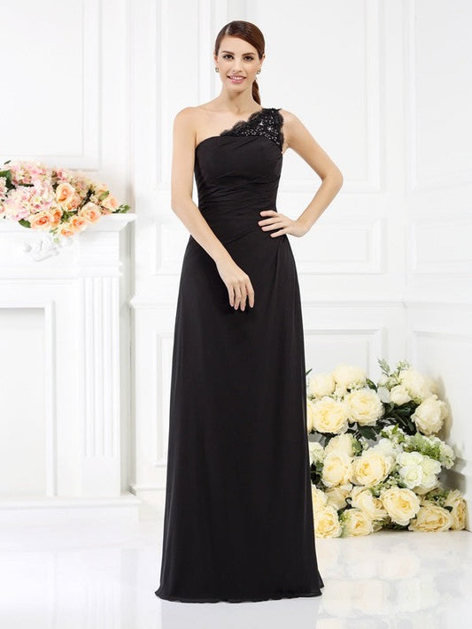 Sheath/Column One-Shoulder Sleeveless Long Satin Bridesmaid Dresses CICIP0005457