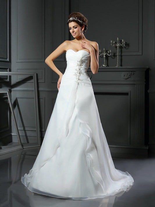 A-Line/Princess Sweetheart Ruched Sleeveless Long Satin Wedding Dresses CICIP0006690