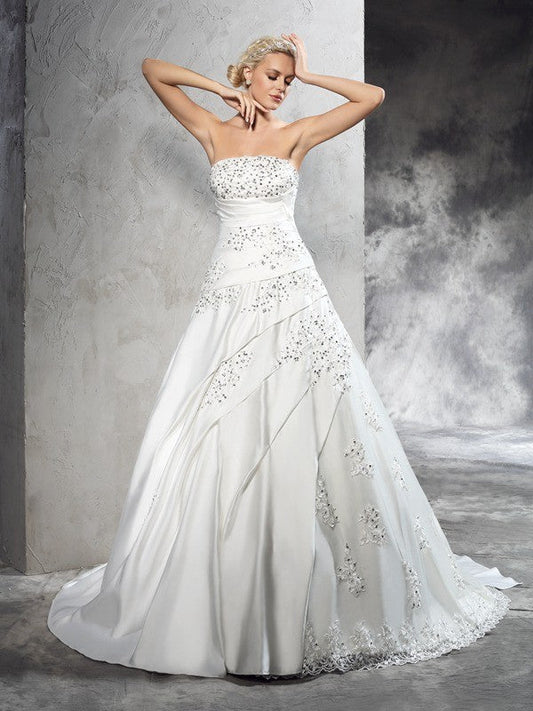 Ball Gown Strapless Beading Sleeveless Long Satin Wedding Dresses CICIP0006385