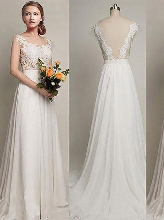 A-Line/Princess Chiffon Scoop Sleeveless Sweep/Brush Train Wedding Dresses CICIP0006299