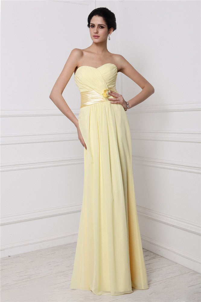 Sheath/Column Strapless Sleeveless Pleats Hand-Made Flower Long Chiffon Bridesmaid Dresses CICIP0005852