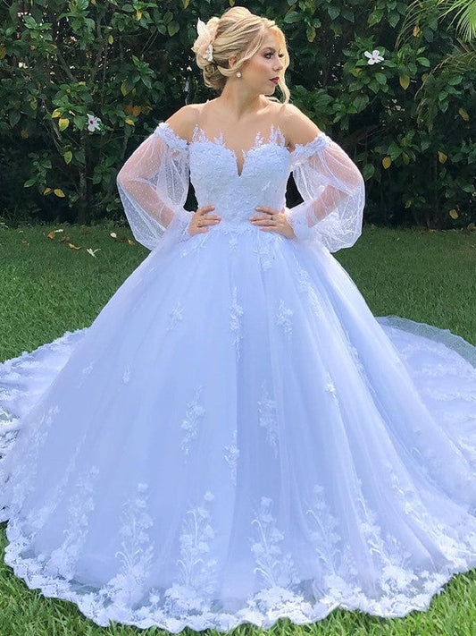 Ball Gown Off-the-Shoulder Long Sleeves Applique Tulle Court Train Wedding Dresses CICIP0006914