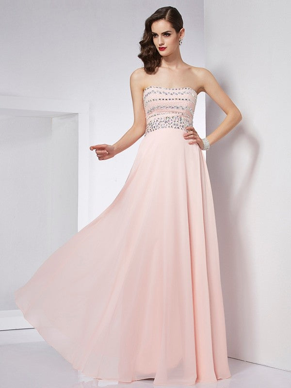 A-Line/Princess Strapless Sleeveless Beading Long Chiffon Dresses CICIP0004285