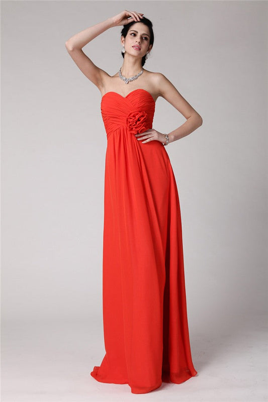 Sheath/Column Sweetheart Sleeveless Pleats Hand-Made Flower Long Chiffon Bridesmaid Dresses CICIP0005798