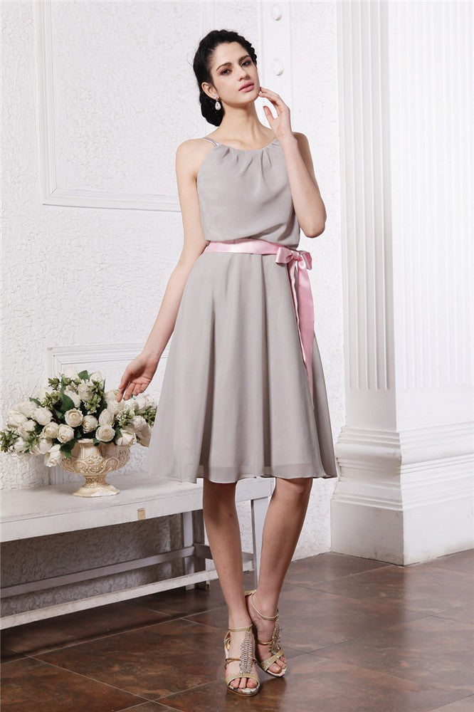 Sheath/Column Scoop Sleeveless Sash Short Chiffon Bridesmaid Dresses CICIP0005693