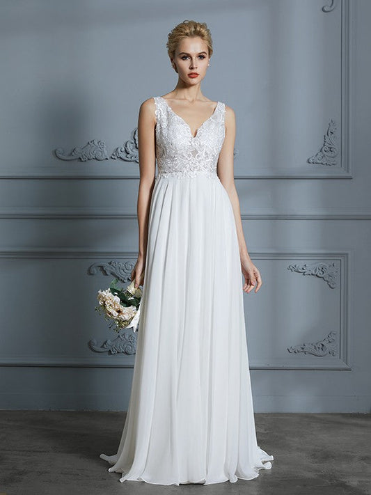 A-Line/Princess Sleeveless V-neck Sweep/Brush Train Chiffon Wedding Dresses CICIP0006388