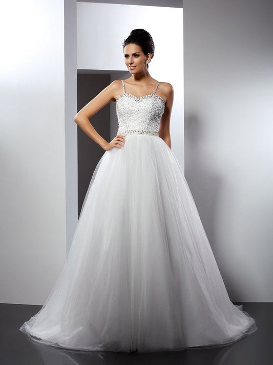 A-Line/Princess Spaghetti Straps Beading Sleeveless Long Tulle Wedding Dresses CICIP0006613