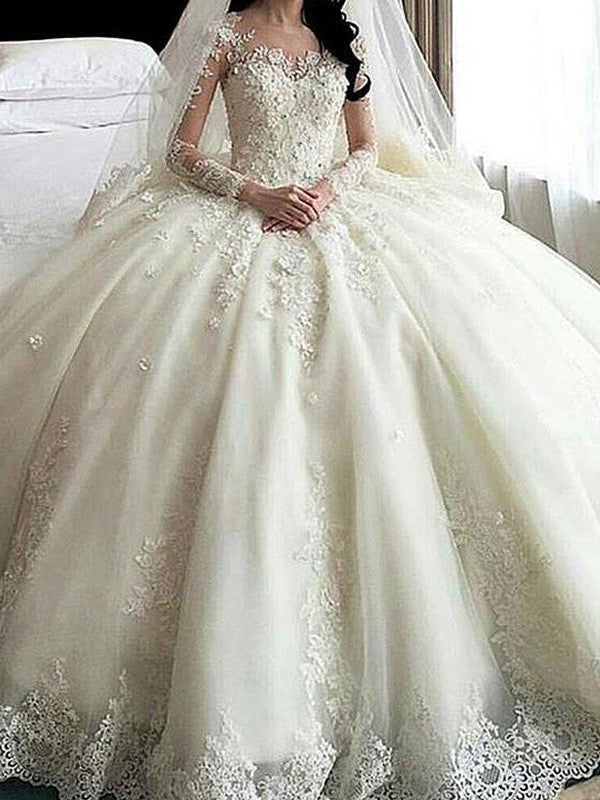 Ball Gown Scoop Cathedral Train Long Sleeves Lace Applique Tulle Wedding Dresses CICIP0006377