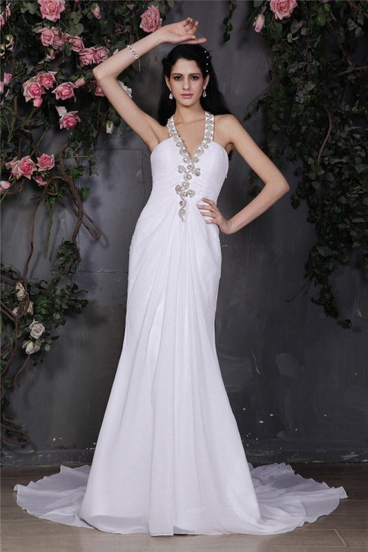 Sheath/Column Halter Sleeveless Beading Ruffles Long Chiffon Wedding Dresses CICIP0006893