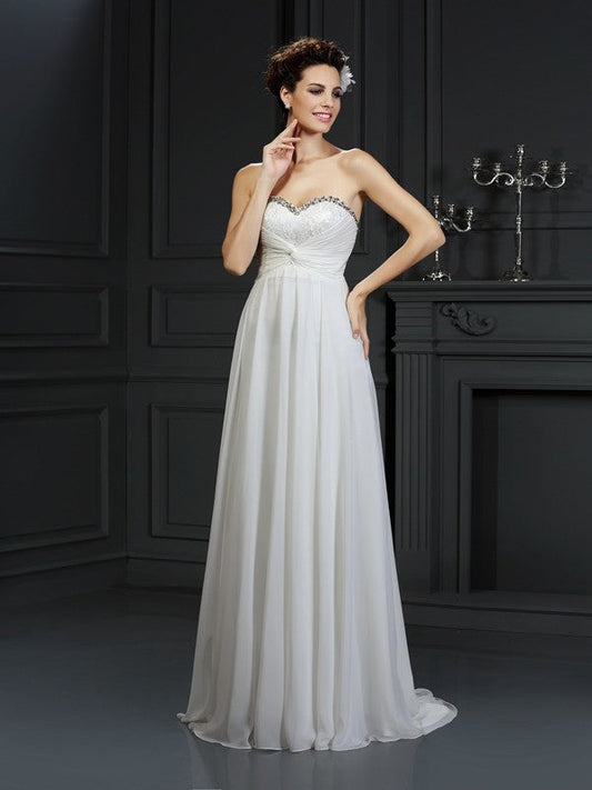 A-Line/Princess Sweetheart Ruffles Sleeveless Long Chiffon Wedding Dresses CICIP0006796