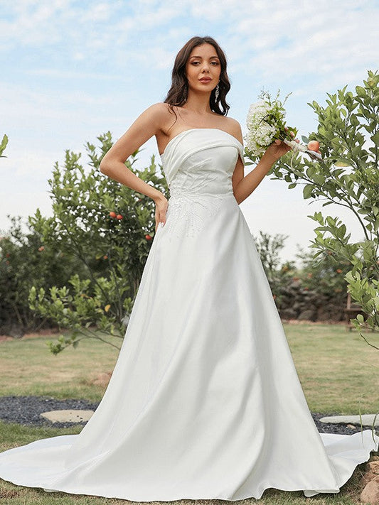 A-Line/Princess Satin Ruched Strapless Sleeveless Sweep/Brush Train Wedding Dresses CICIP0007016