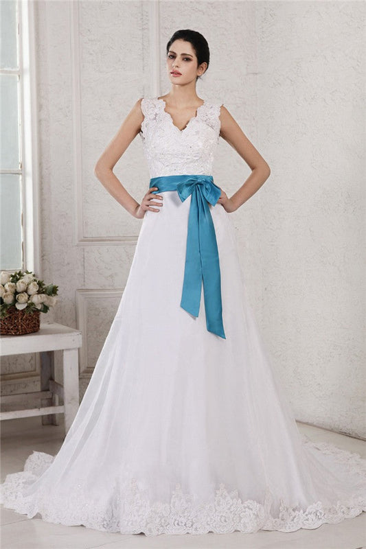 A-Line/Princess V-neck Sleeveless Applique Sash Long Organza Satin Wedding Dresses CICIP0006788