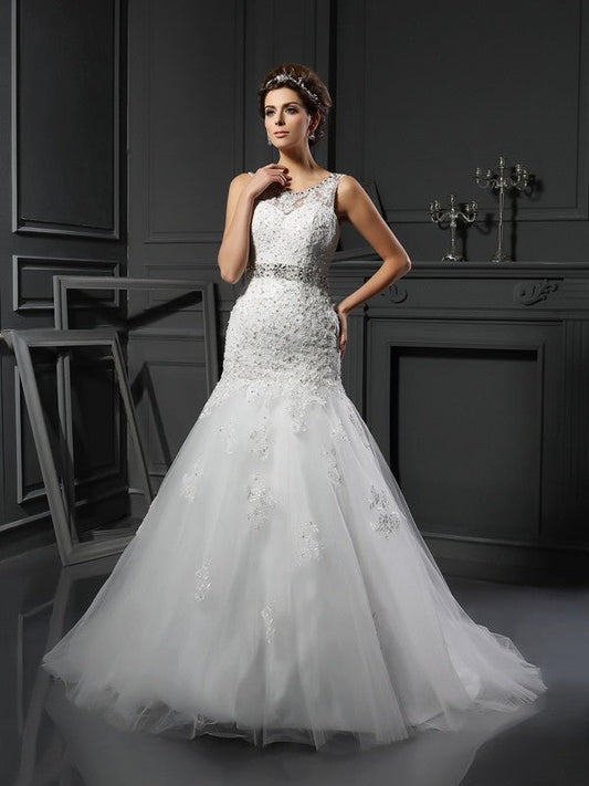 Sheath/Column Scoop Applique Sleeveless Long Net Wedding Dresses CICIP0006779