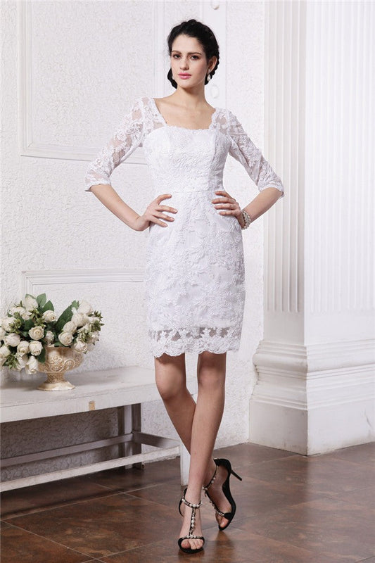 Sheath/Column Half Sleeves Bateau Short Lace Wedding Dresses CICIP0006950