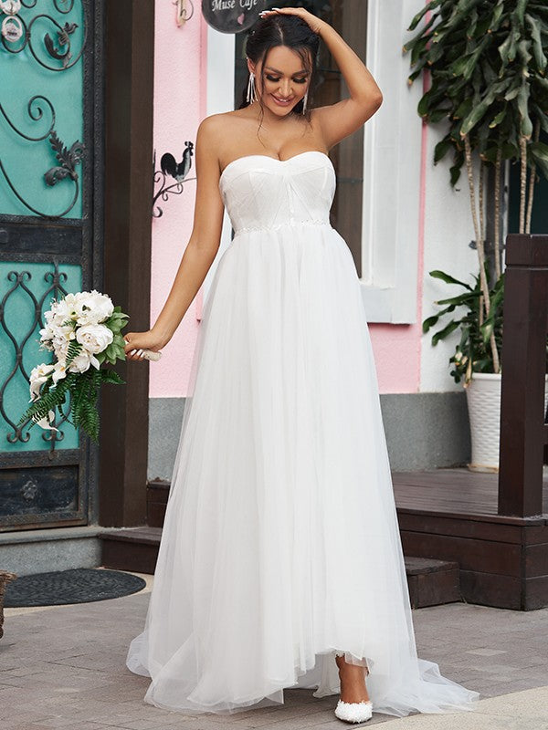 A-Line/Princess Tulle Ruffles Sweetheart Sleeveless Sweep/Brush Train Wedding Dresses CICIP0006504