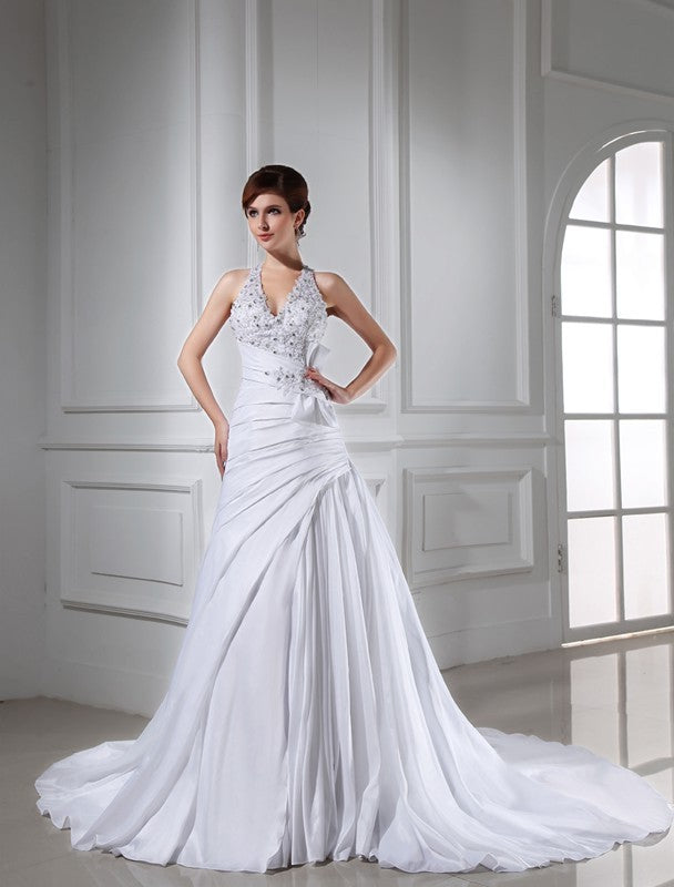 A-Line/Princess Beading Halter Sleeveless Long Taffeta Wedding Dresses CICIP0006669