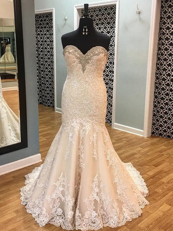 Trumpet/Mermaid Applique Sleeveless Tulle Sweetheart Court Train Wedding Dresses CICIP0006407