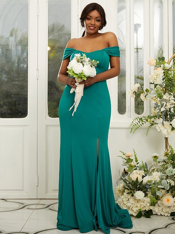 Sheath/Column Jersey Ruffles Off-the-Shoulder Sleeveless Sweep/Brush Train Bridesmaid Dresses CICIP0004980