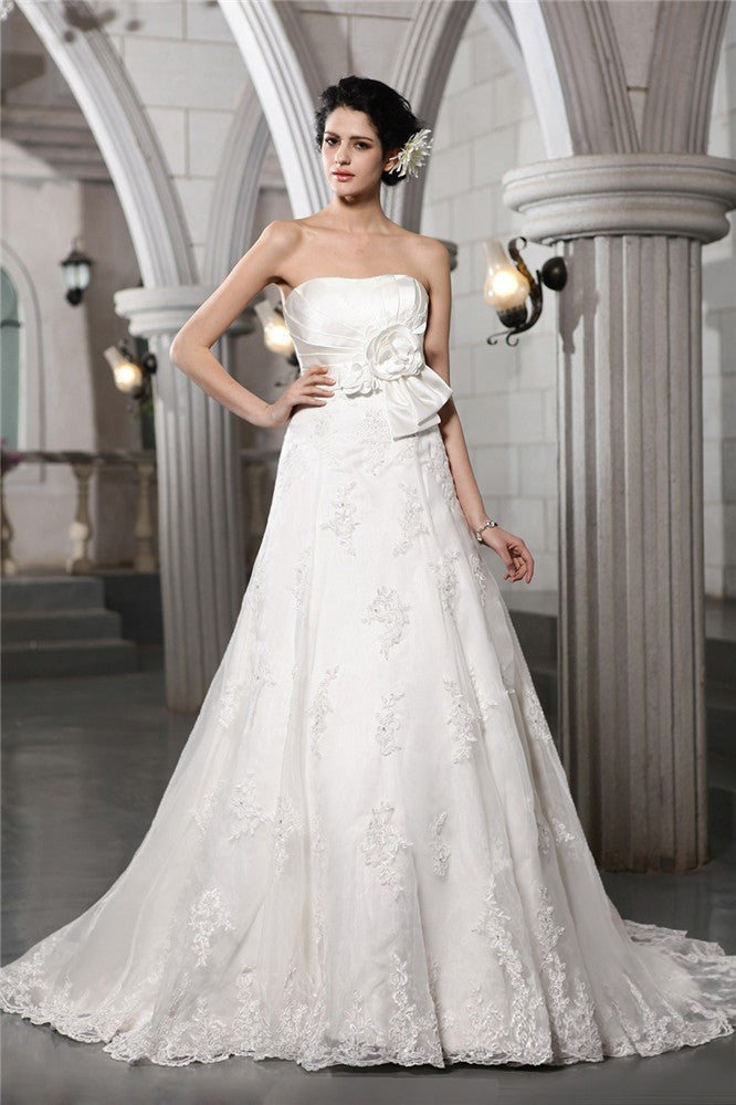 A-Line/Princess Strapless Sleeveless Beading Applique Hand-Made Flower Long Satin Wedding Dresses CICIP0006931