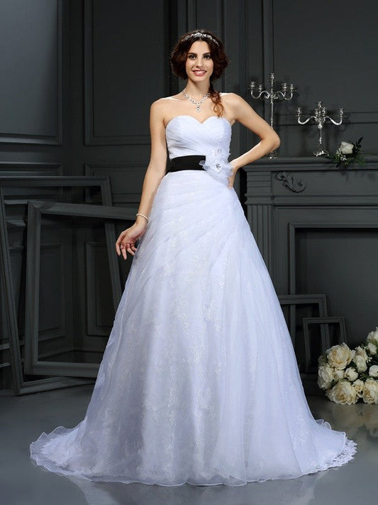 A-Line/Princess Sweetheart Sash/Ribbon/Belt Sleeveless Long Satin Wedding Dresses CICIP0006874