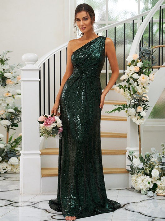 Sheath/Column Sequins Ruched One-Shoulder Sleeveless Sweep/Brush Train Bridesmaid Dresses CICIP0004900