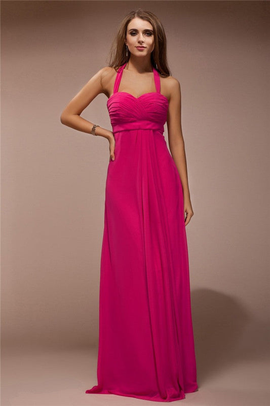 Sheath/Column Halter Sleeveless Long Ruffles Chiffon Bridesmaid Dresses CICIP0005445