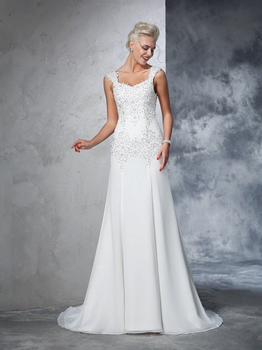 A-Line/Princess Straps Beading Sleeveless Long Chiffon Wedding Dresses CICIP0006465