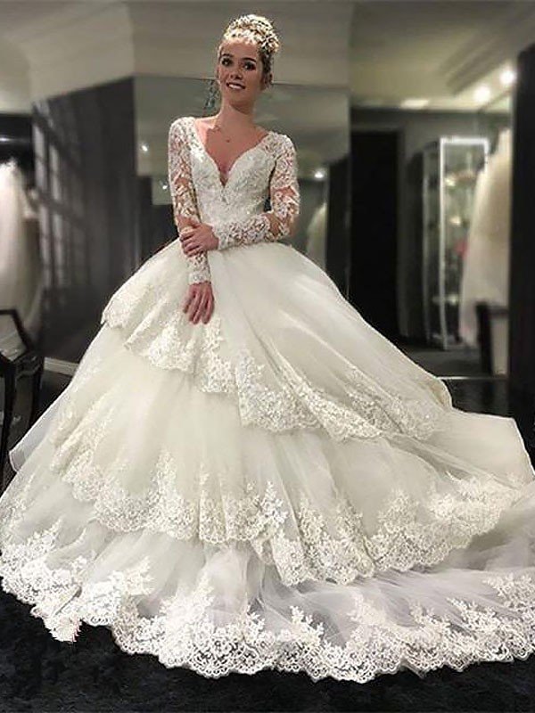 Ball Gown V-neck Lace Tulle Long Sleeves Court Train Wedding Dresses CICIP0006369