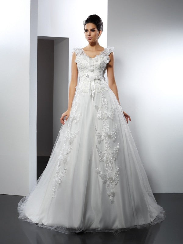 A-Line/Princess Straps Lace Sleeveless Long Satin Wedding Dresses CICIP0006589