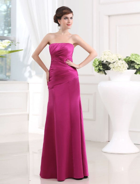 Sheath/Column Strapless Sleeveless Long Pleats Satin Bridesmaid Dresses CICIP0005434