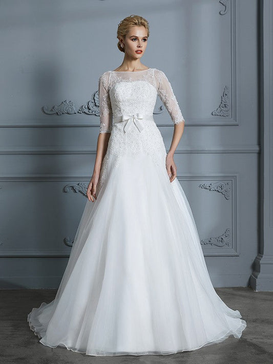 A-Line/Princess 1/2 Sleeves Scoop Lace Court Train Tulle Wedding Dresses CICIP0006509