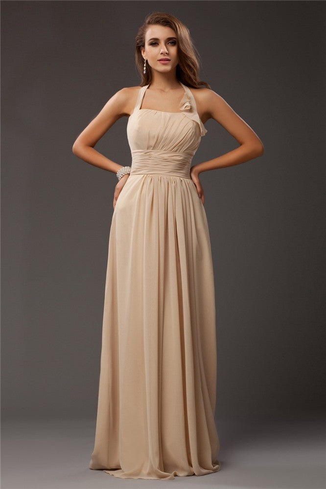 Sheath/Column Halter Sleeveless Ruffles Long Chiffon Bridesmaid Dresses CICIP0005366