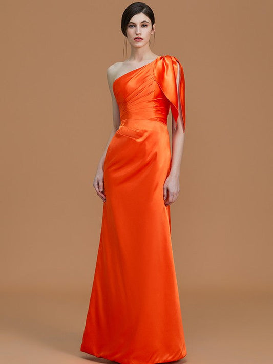 Trumpet/Mermaid One-Shoulder Sleeveless Floor-Length Ruched Satin Bridesmaid Dresses CICIP0005353